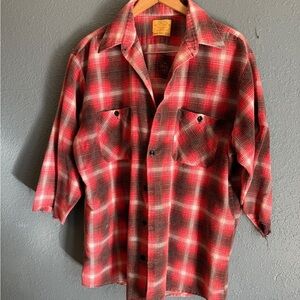 VTG Sears Permafrost Red and Black Plaid Flannel Shirt Cropped Slleves Grunge